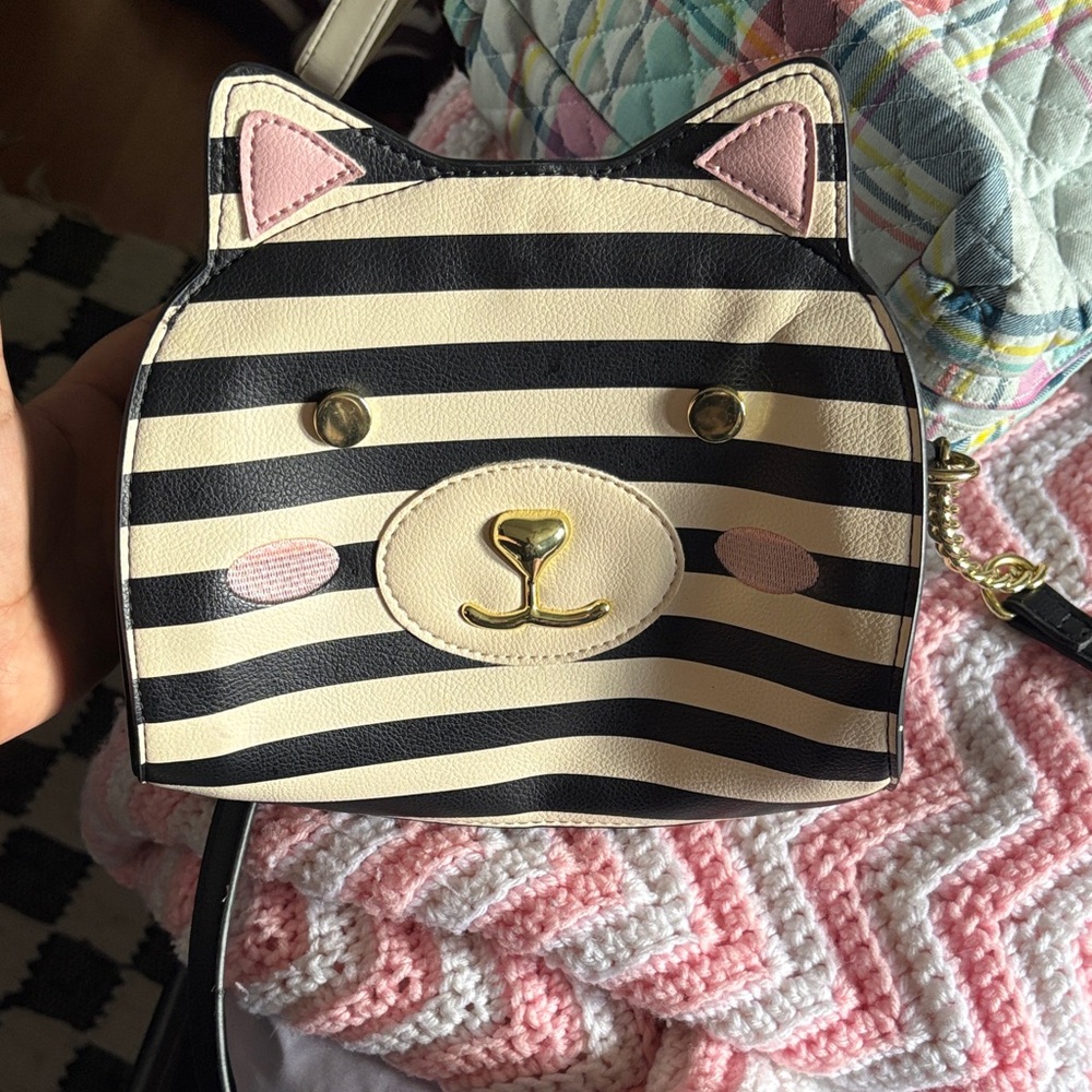 Betsey Johnson Black and White Striped Cat Crossbody Bag
